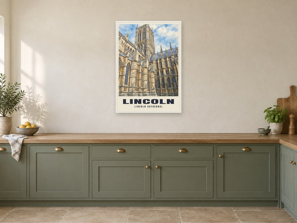 Lincoln Cathedral Poster at A1, in a white frame, in a kitchen