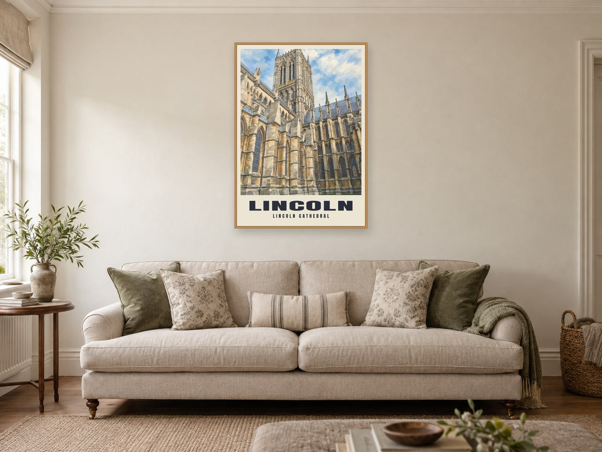 Lincoln Cathedral Poster at A1, in a natural wood frame, in a sitting room