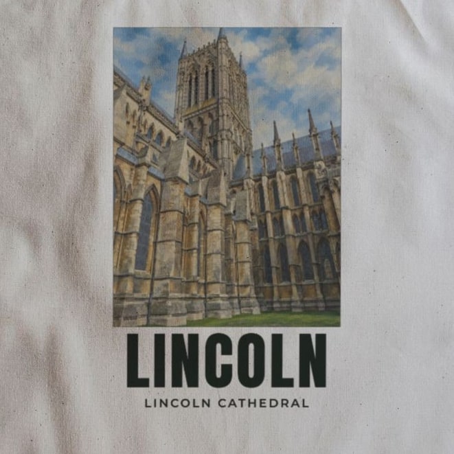 Close-up of the Lincoln Cathedral drawing and lettering printed on natural cotton