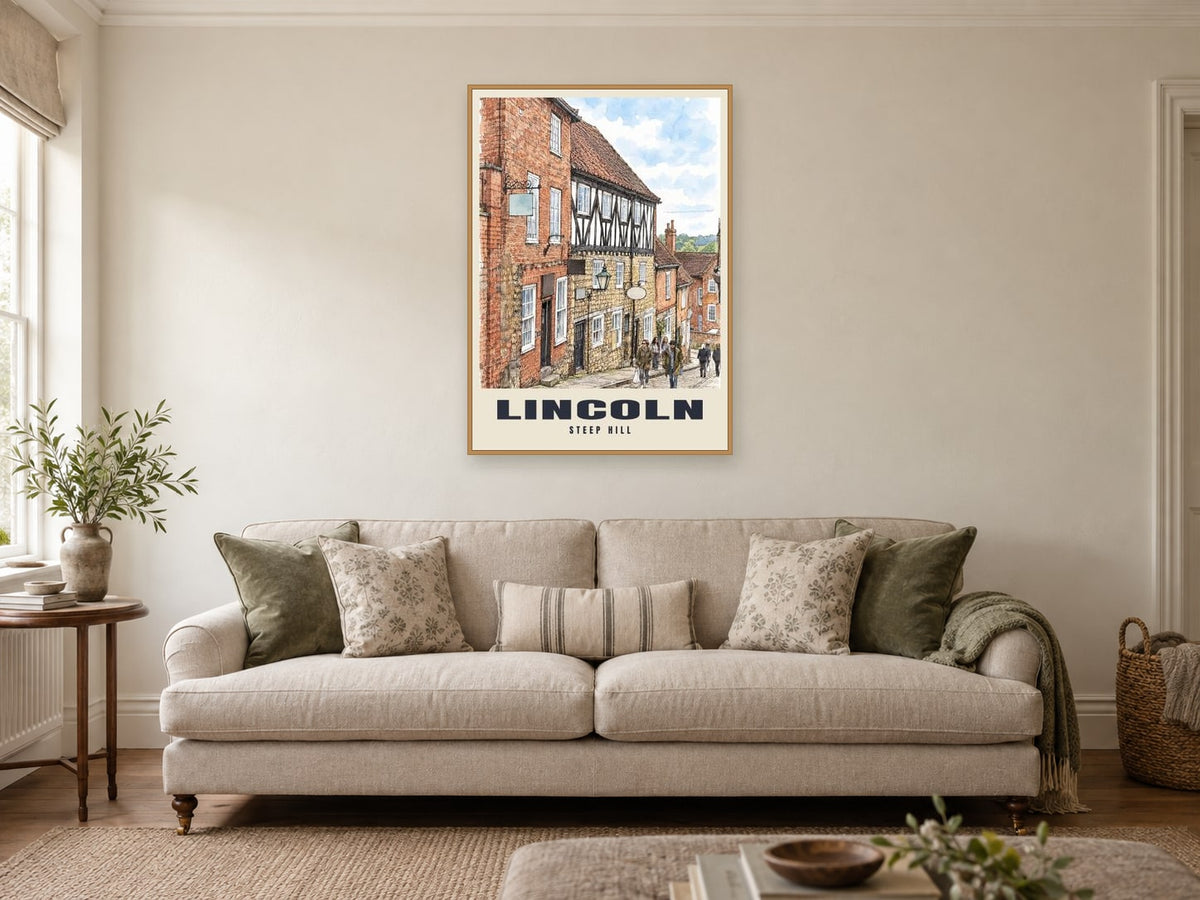 Steep Hill, Lincoln Poster at A1, in a natural wood frame, in a sitting room