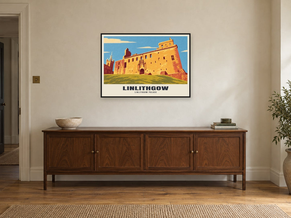 Linlithgow Palace Poster at A1, in a black frame, above a sideboard
