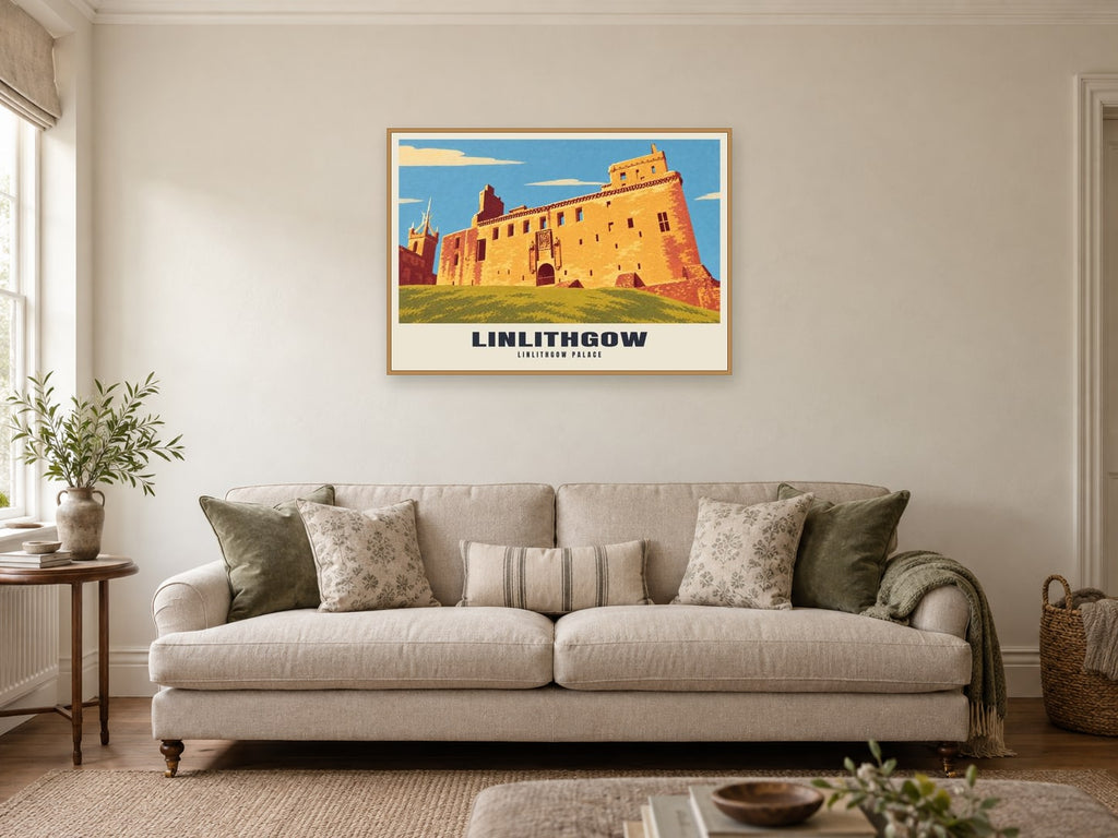 Linlithgow Palace Poster at A1, in a natural wood frame, in a sitting room