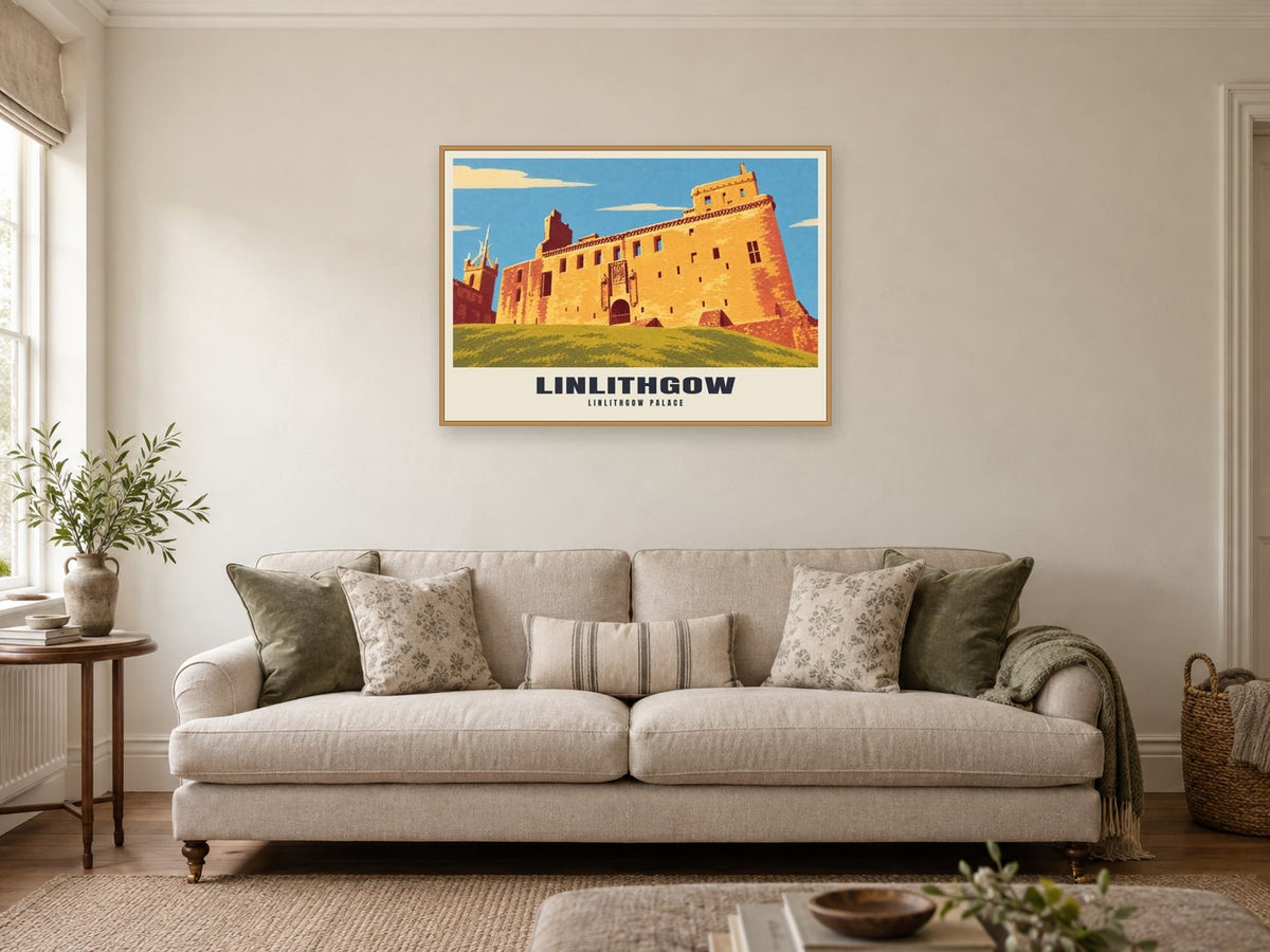 Linlithgow Palace Poster at A1, in a natural wood frame, in a sitting room
