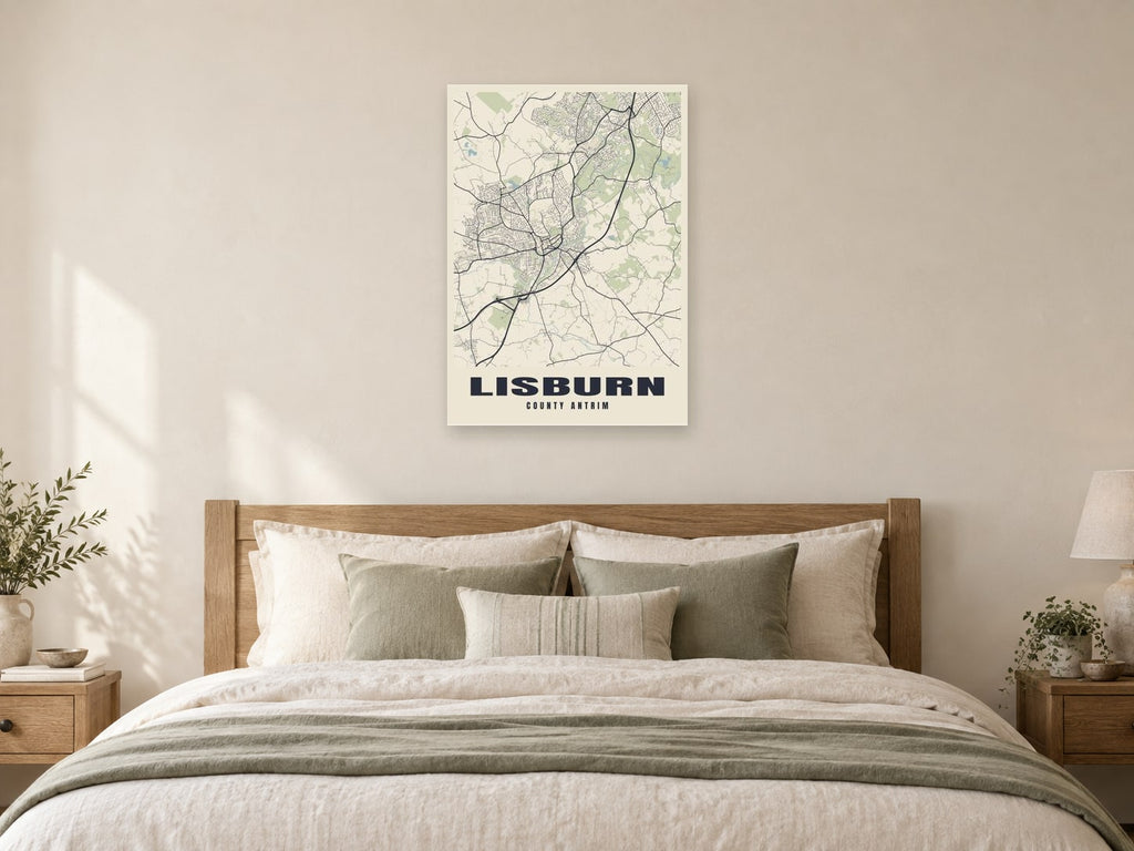 Lisburn Street Map Poster at A1, as a poster, above a bed