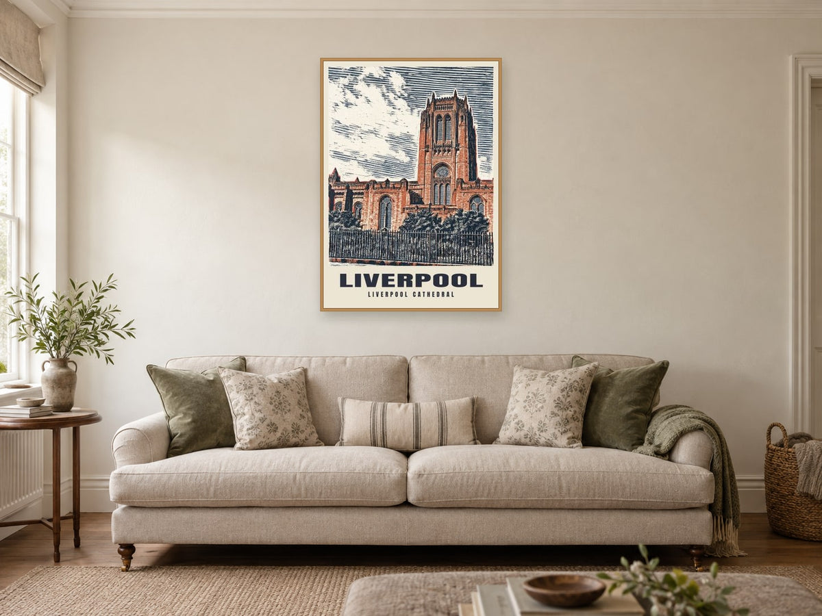 Liverpool Cathedral Poster at A1, in a natural wood frame, in a sitting room