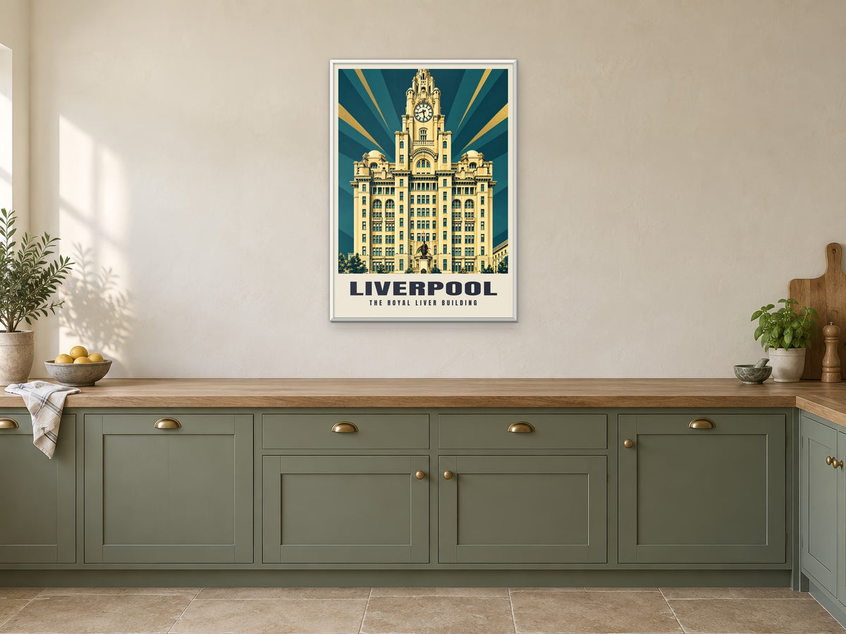 The Royal Liver Building, Liverpool Poster at A1, in a white frame, in a kitchen