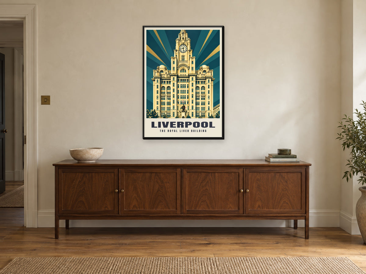 The Royal Liver Building, Liverpool Poster at A1, in a black frame, above a sideboard