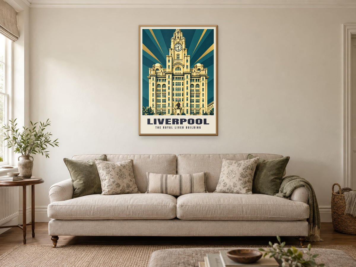 The Royal Liver Building, Liverpool Poster at A1, in a natural wood frame, in a sitting room