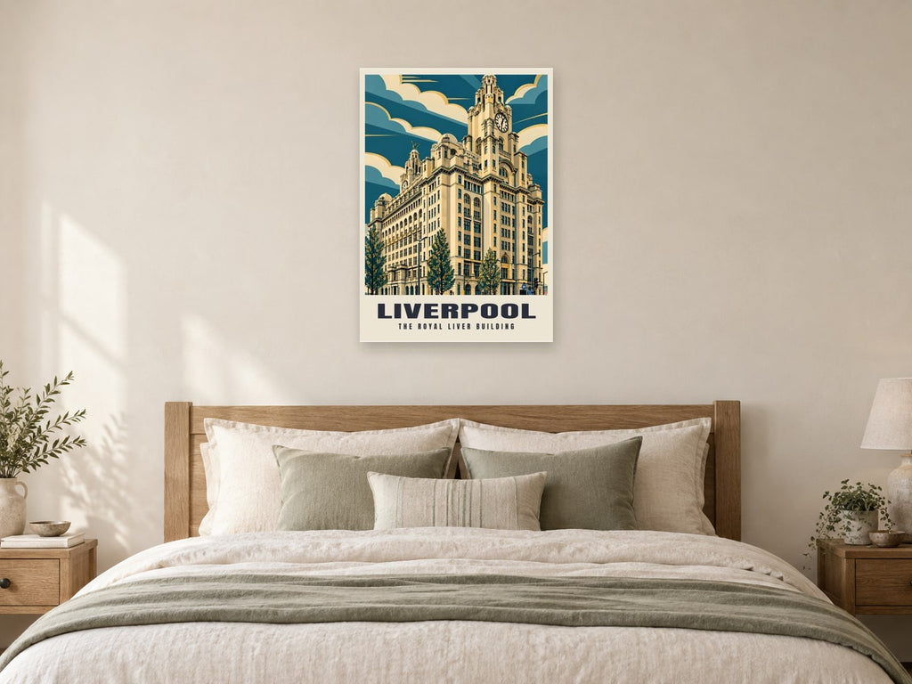 The Royal Liver Building, Liverpool Poster at A1, as a poster, above a bed