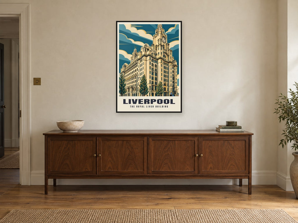The Royal Liver Building, Liverpool Poster at A1, in a black frame, above a sideboard
