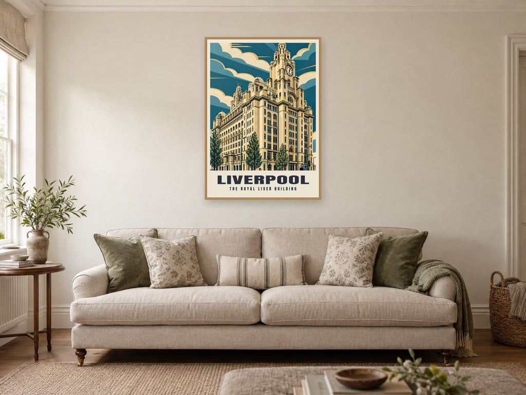 The Royal Liver Building, Liverpool Poster at A1, in a natural wood frame, in a sitting room