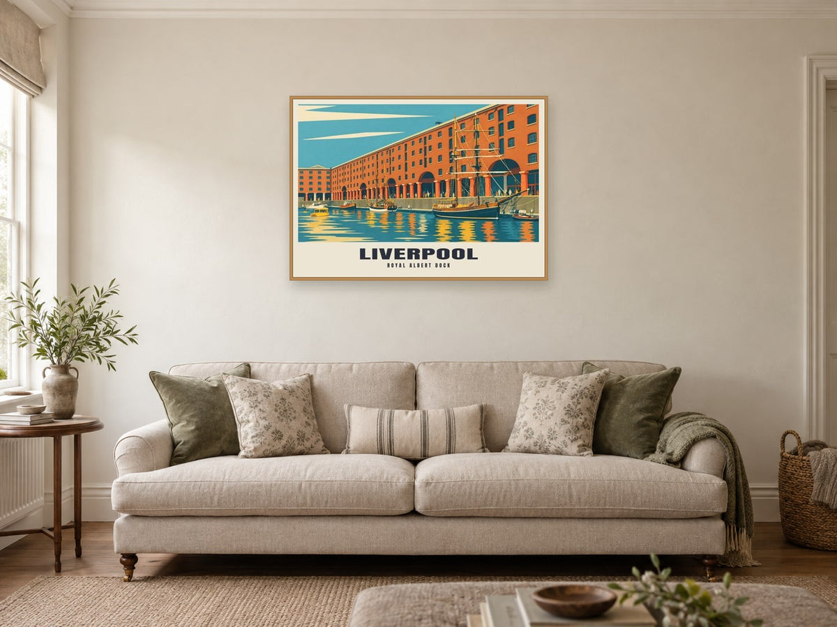 The Royal Albert Dock, Liverpool Poster at A1, in a natural wood frame, in a sitting room