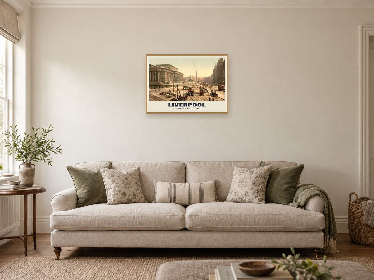 St George's Hall, Liverpool, 1890s Heritage Print at A2, in a natural wood frame, in a sitting room