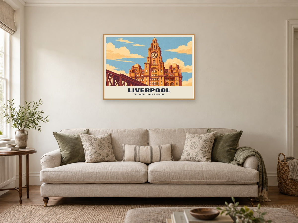 The Royal Liver Building, Liverpool Poster at A1, in a natural wood frame, in a sitting room