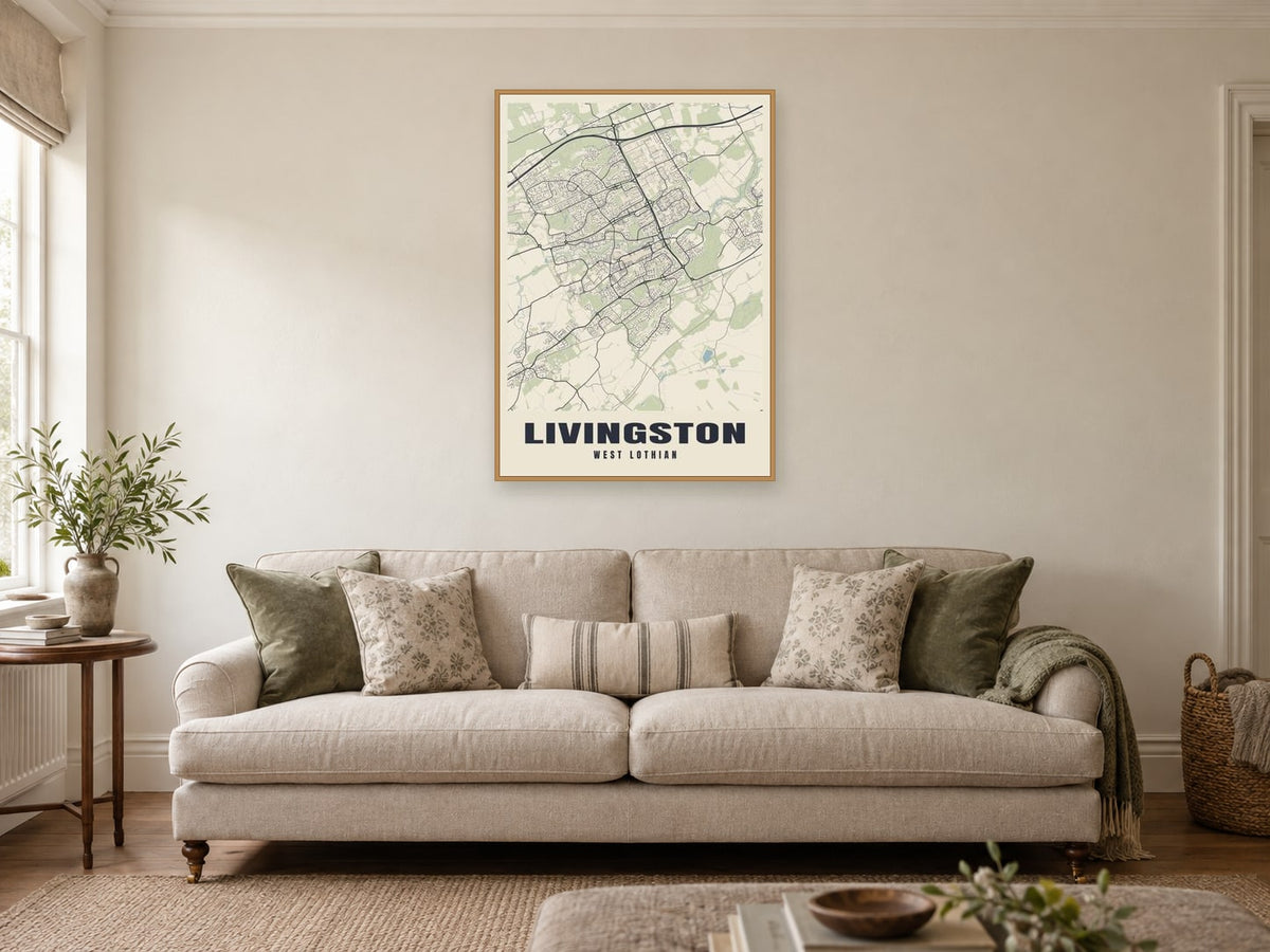 Livingston Street Map Poster at A1, in a natural wood frame, in a sitting room