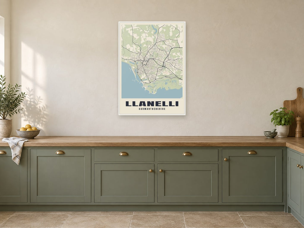 Llanelli Street Map Poster at A1, in a white frame, in a kitchen