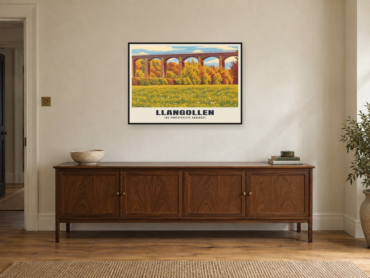 The Pontcysyllte Aqueduct, Llangollen Poster at A1, in a black frame, above a sideboard