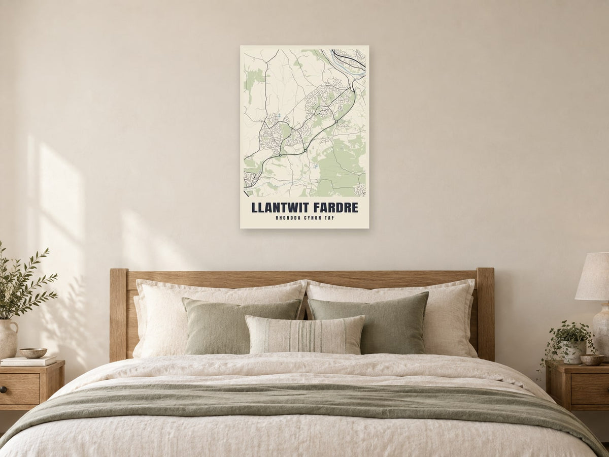 Llantwit Fardre Street Map Poster at A1, as a poster, above a bed