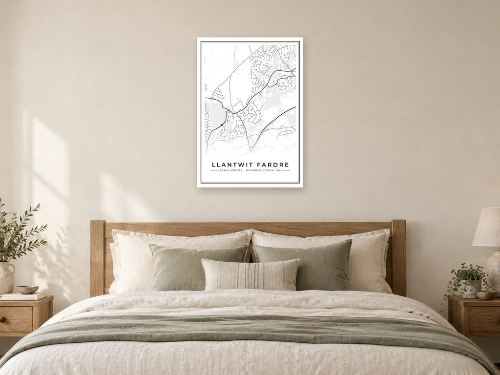 Llantwit Fardre Town Centre Street Map Poster at A1, as a poster, above a bed