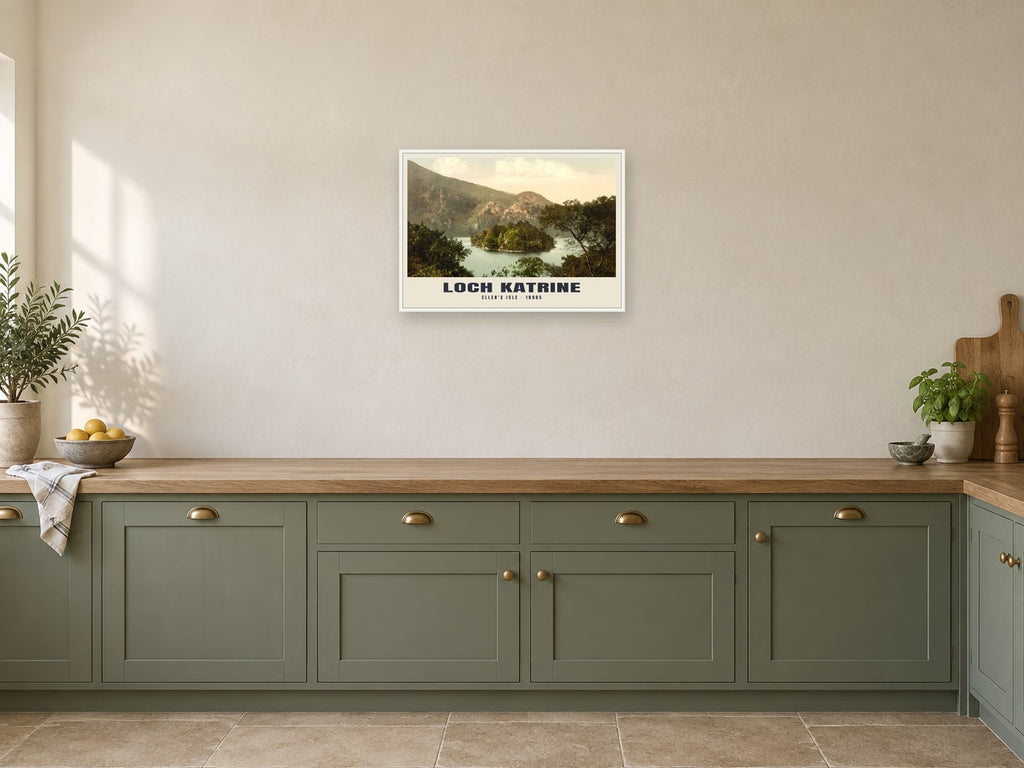 Ellen's Isle, Loch Katrine, 1890s Heritage Print at A2, in a white frame, in a kitchen