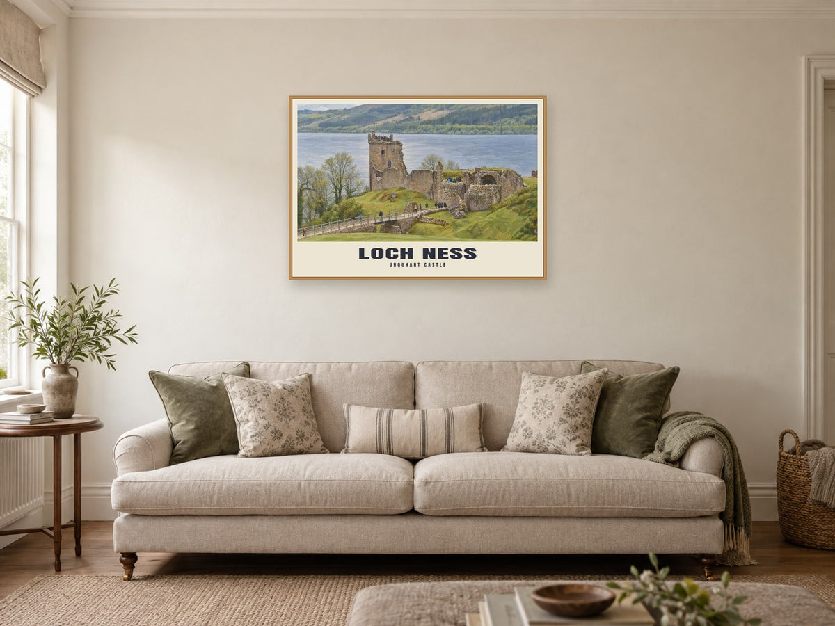 Urquhart Castle, Loch Ness Poster at A1, in a natural wood frame, in a sitting room
