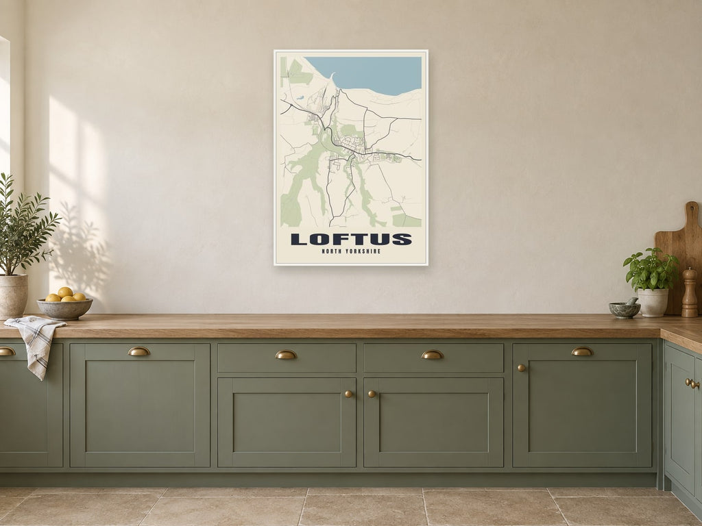 Loftus Street Map Poster at A1, in a white frame, in a kitchen