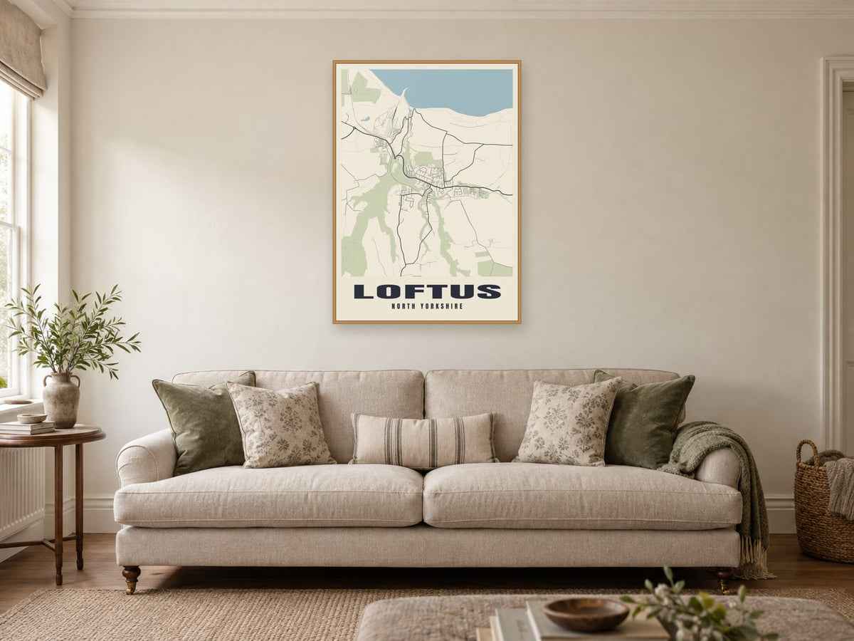 Loftus Street Map Poster at A1, in a natural wood frame, in a sitting room