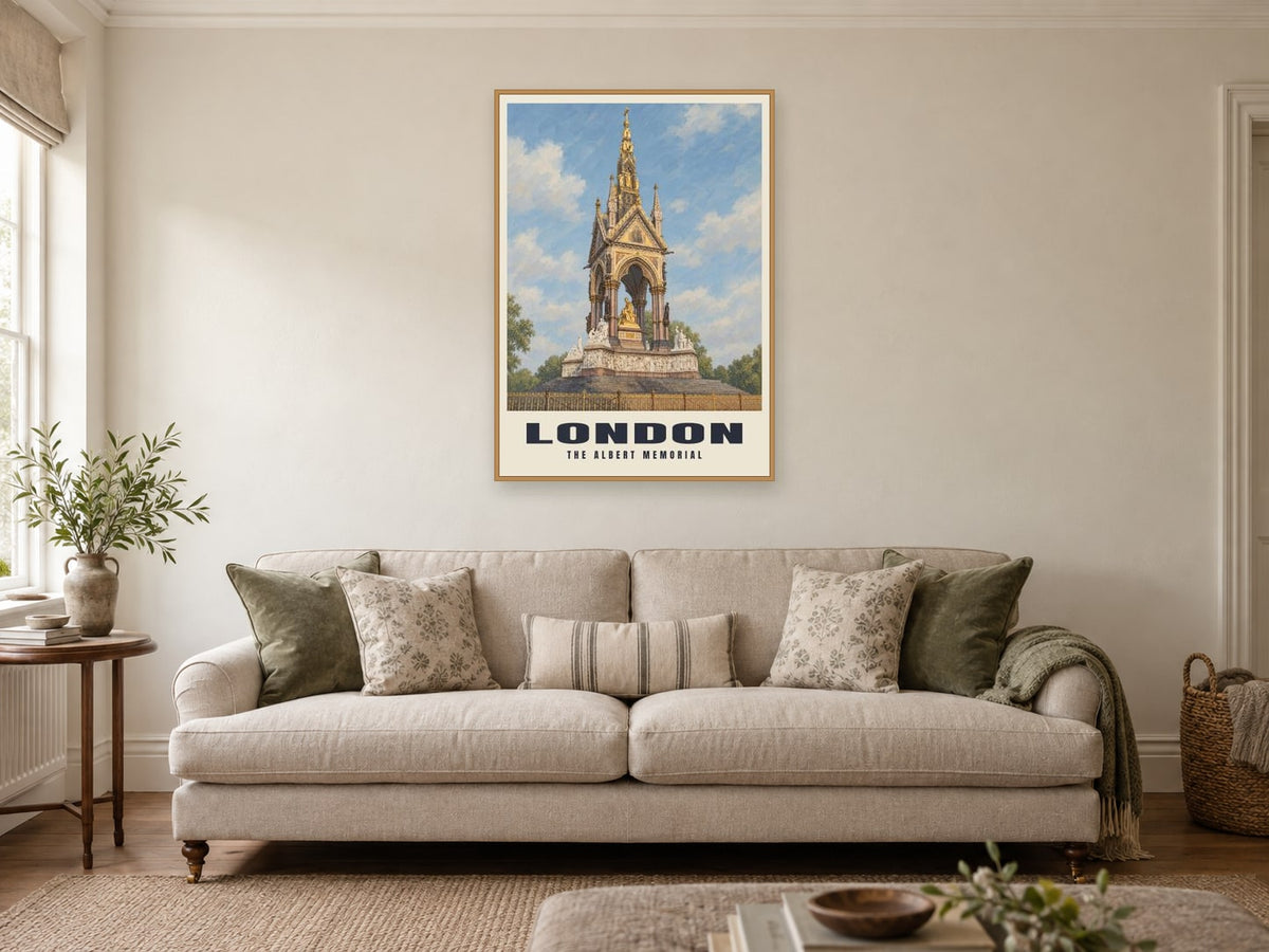 The Albert Memorial, London Poster at A1, in a natural wood frame, in a sitting room