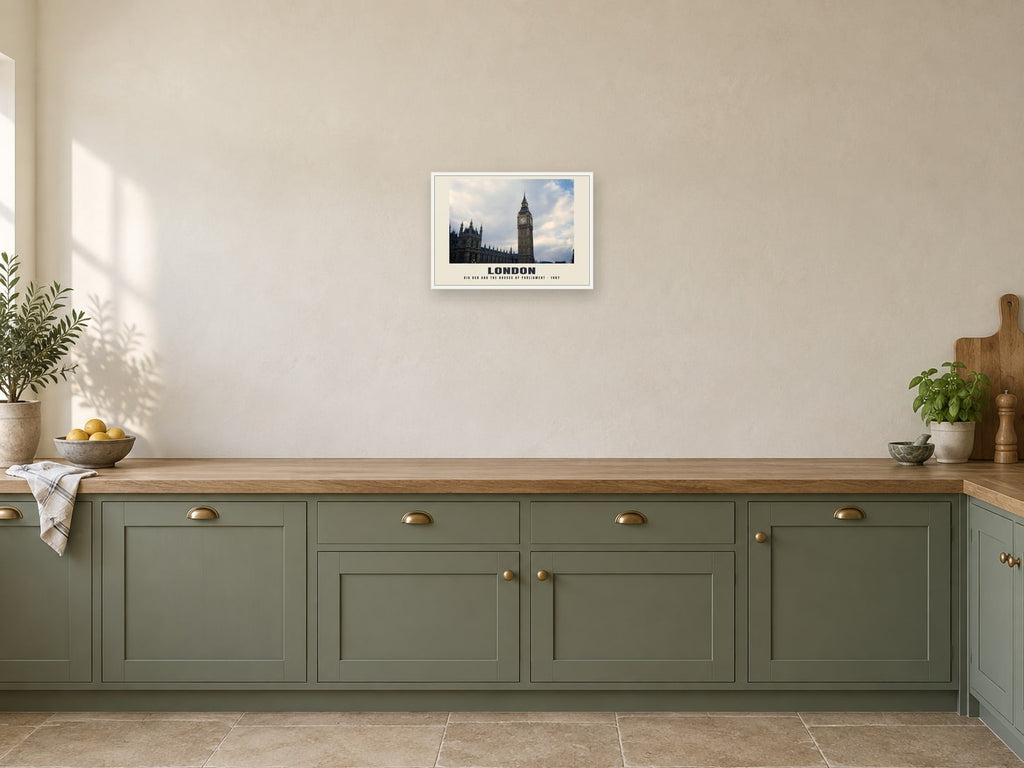 Big Ben and the Houses of Parliament, London, 1987 Heritage Print at A3, in a white frame, in a kitchen