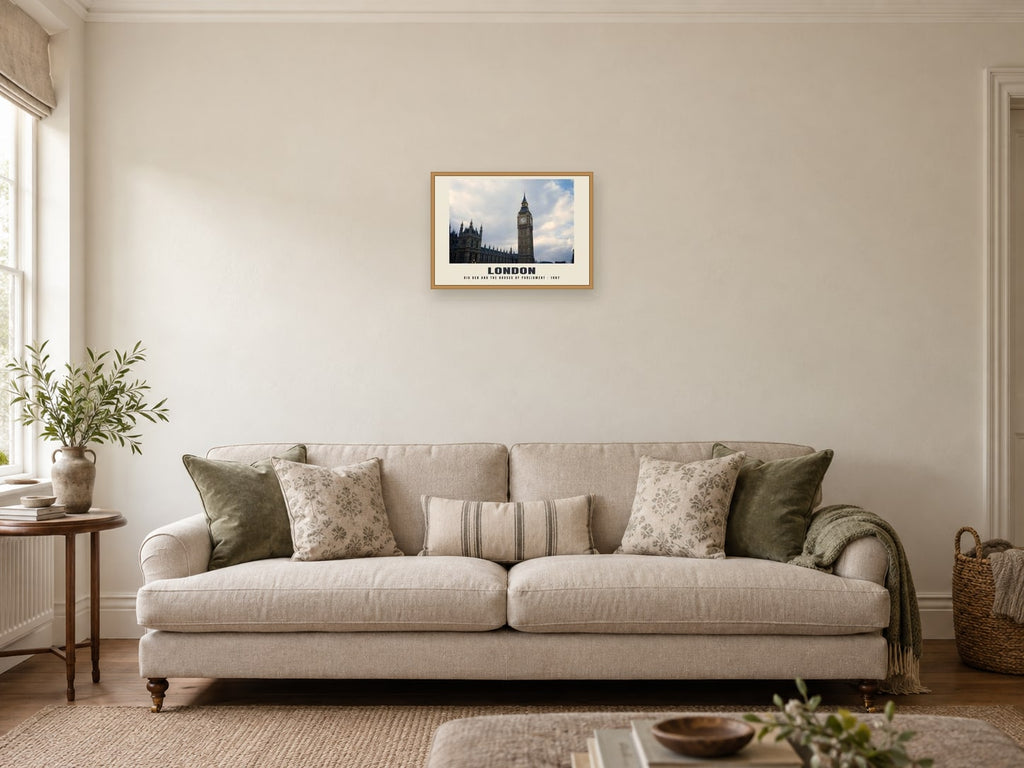 Big Ben and the Houses of Parliament, London, 1987 Heritage Print at A3, in a natural wood frame, in a sitting room