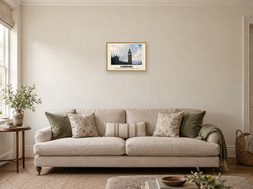 Big Ben and the Houses of Parliament, London, 1987 Heritage Print at A3, in a natural wood frame, in a sitting room
