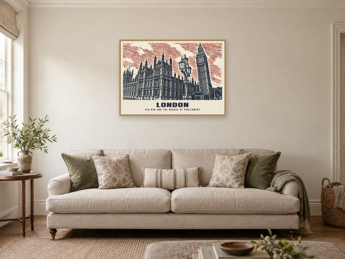 Big Ben and the Houses of Parliament, London Poster at A1, in a natural wood frame, in a sitting room
