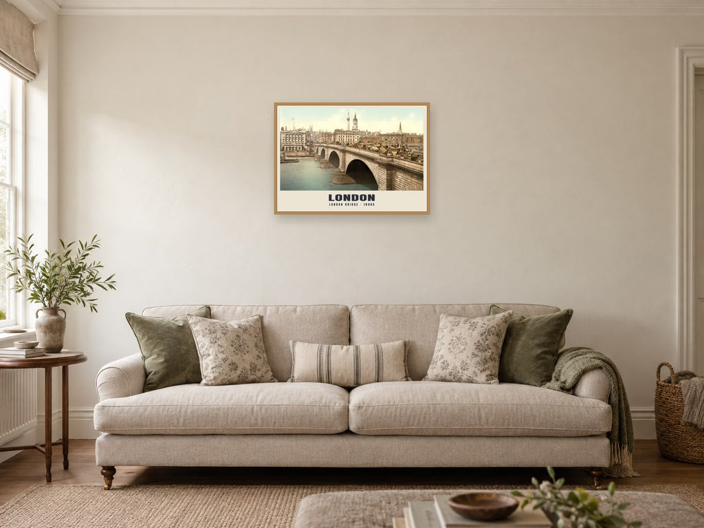 London Bridge Poster at A2, in a natural wood frame, in a sitting room