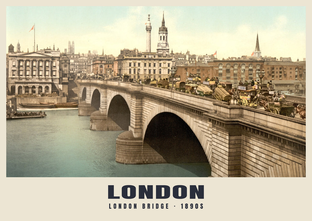 London Bridge, 1890s hand-coloured photochrom heritage print
