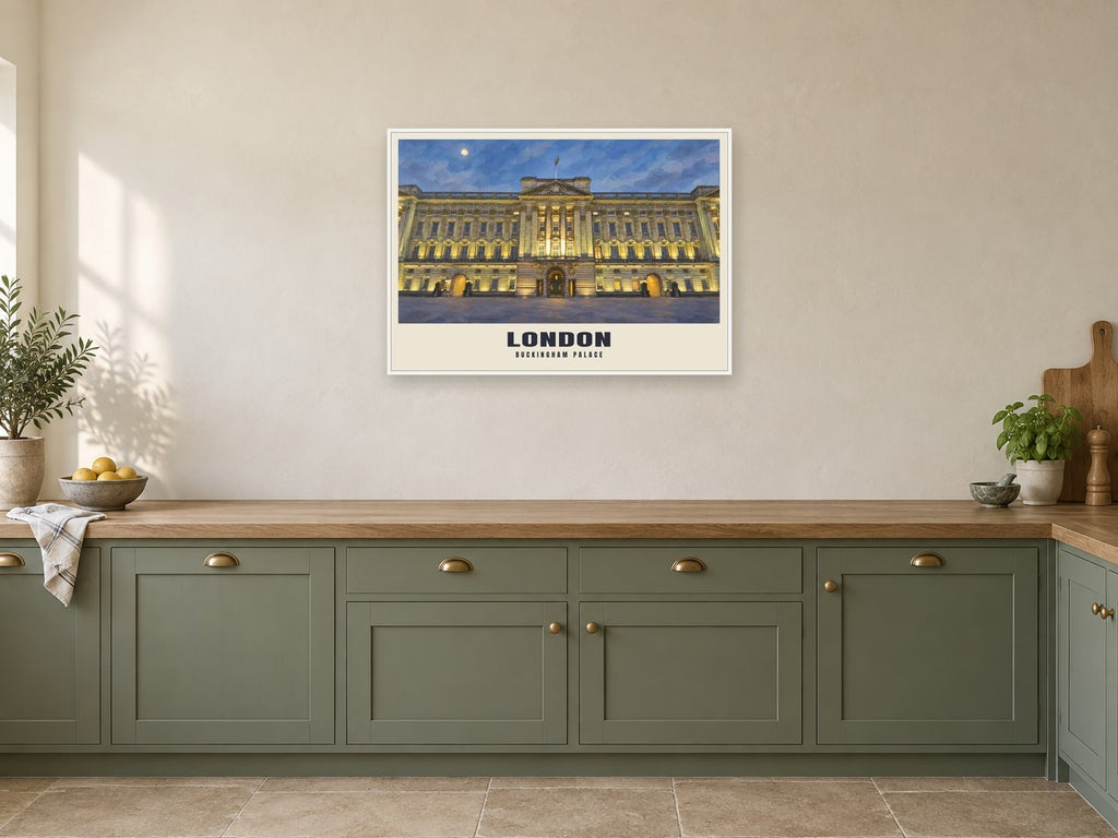 Buckingham Palace, London Poster at A1, in a white frame, in a kitchen