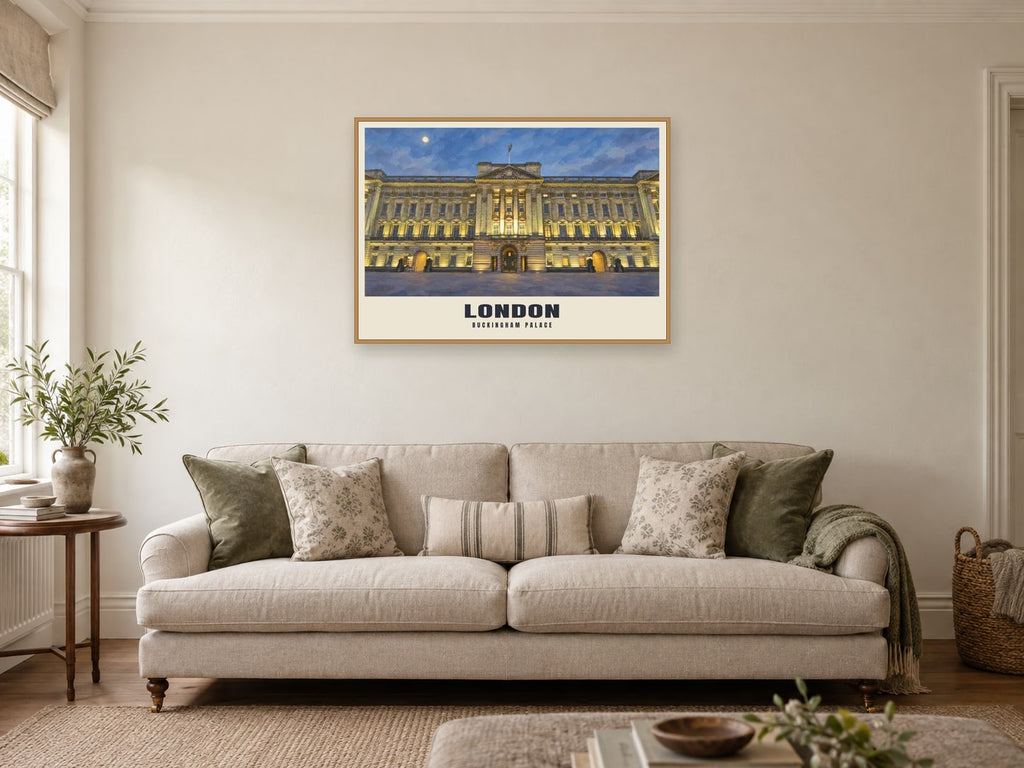 Buckingham Palace, London Poster at A1, in a natural wood frame, in a sitting room