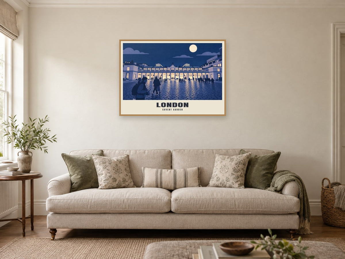 Covent Garden, London Poster at A1, in a natural wood frame, in a sitting room