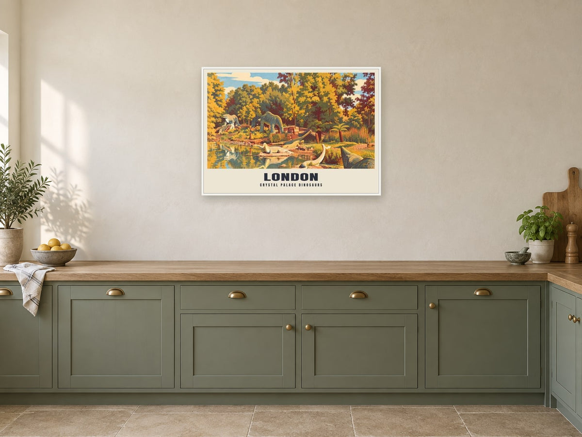 Crystal Palace Dinosaurs, London Poster at A1, in a white frame, in a kitchen