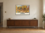 Crystal Palace Dinosaurs, London Poster at A1, in a black frame, above a sideboard