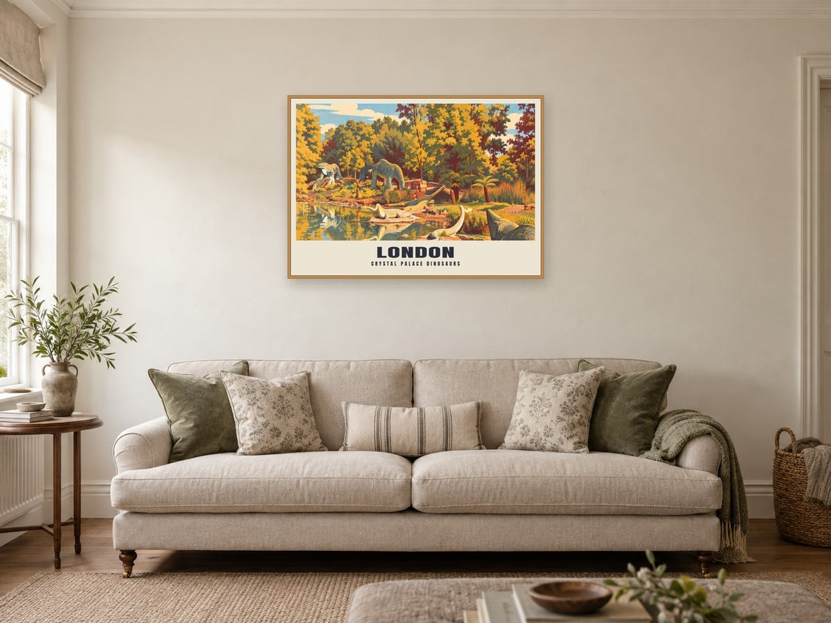 Crystal Palace Dinosaurs, London Poster at A1, in a natural wood frame, in a sitting room