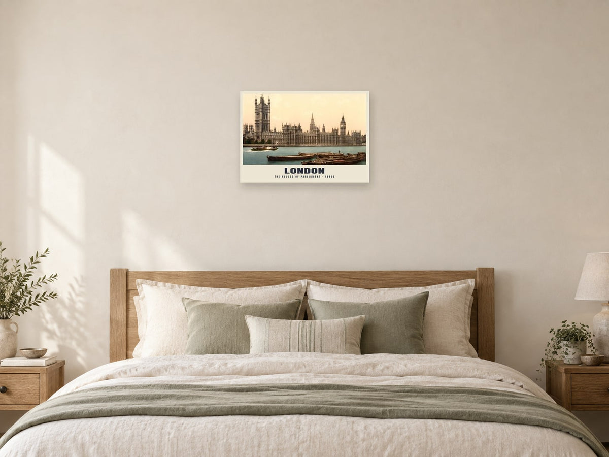 The Houses of Parliament, London Poster at A2, as a poster, above a bed
