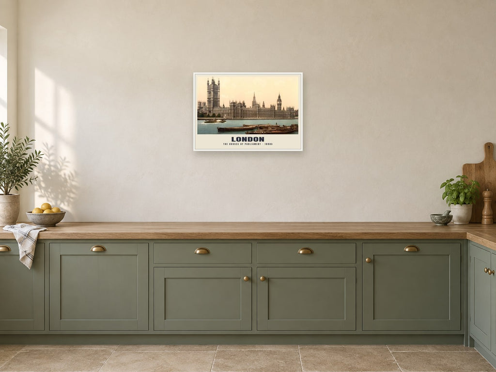 The Houses of Parliament, London Poster at A2, in a white frame, in a kitchen