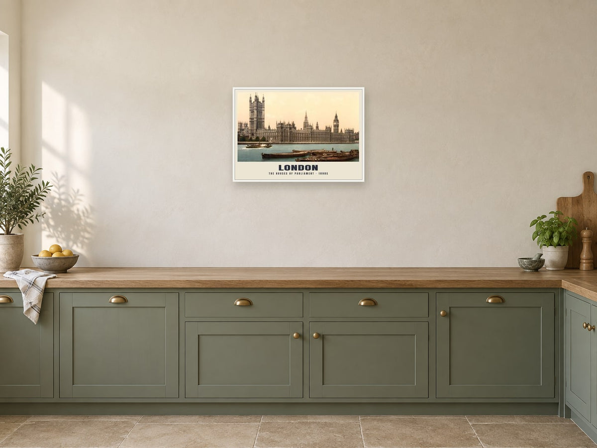 The Houses of Parliament, London Poster at A2, in a white frame, in a kitchen