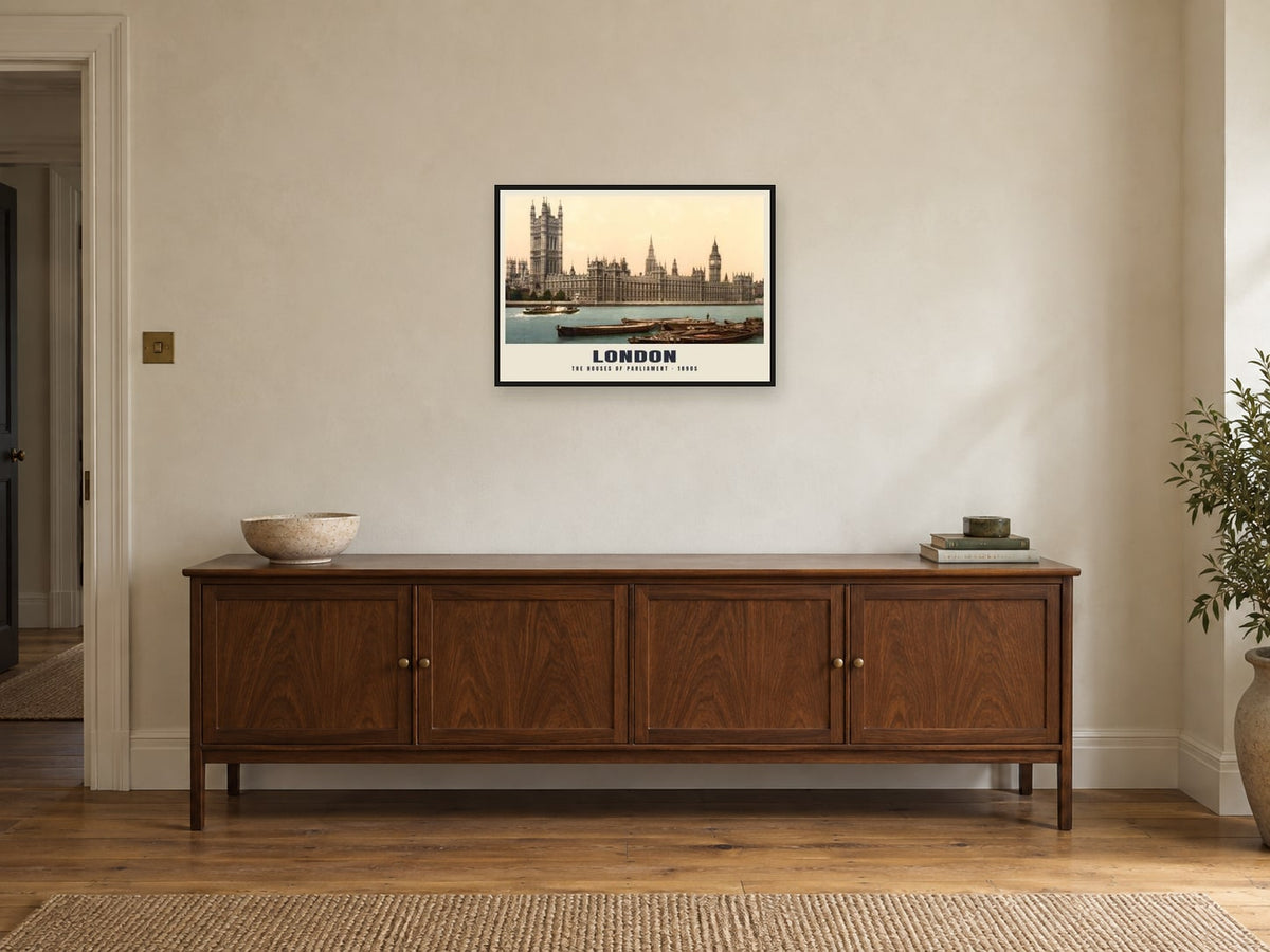 The Houses of Parliament, London Poster at A2, in a black frame, above a sideboard