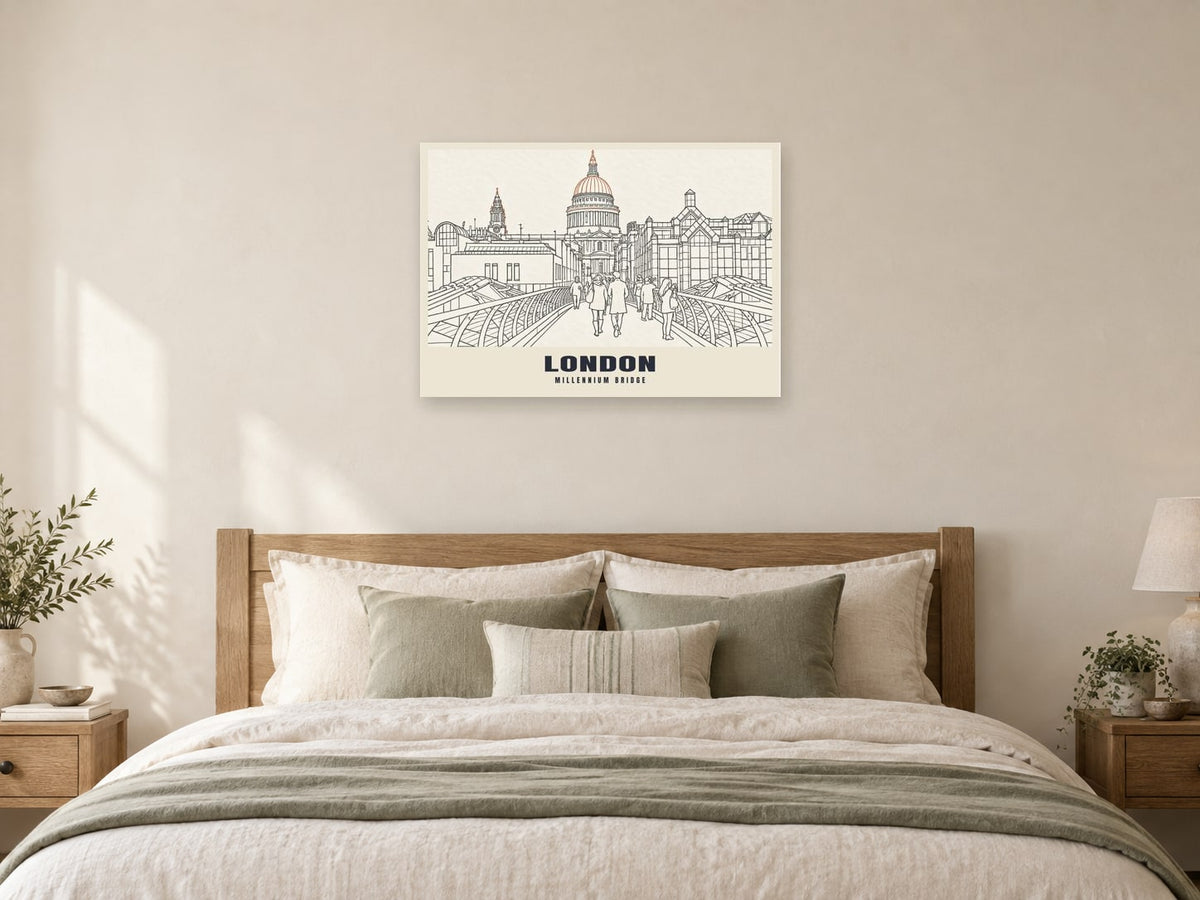 Millennium Bridge, London Poster at A1, as a poster, above a bed