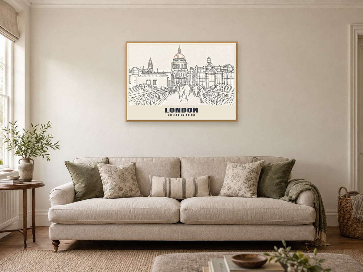 Millennium Bridge, London Poster at A1, in a natural wood frame, in a sitting room