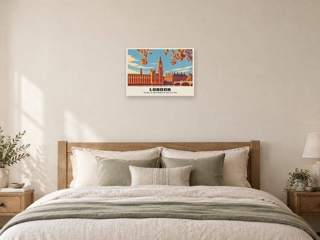 Palace of Westminster and Big Ben, London Retro Railway Poster at A2, as a poster, above a bed