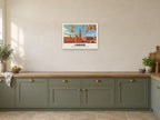 Palace of Westminster and Big Ben, London Retro Railway Poster at A2, in a white frame, in a kitchen