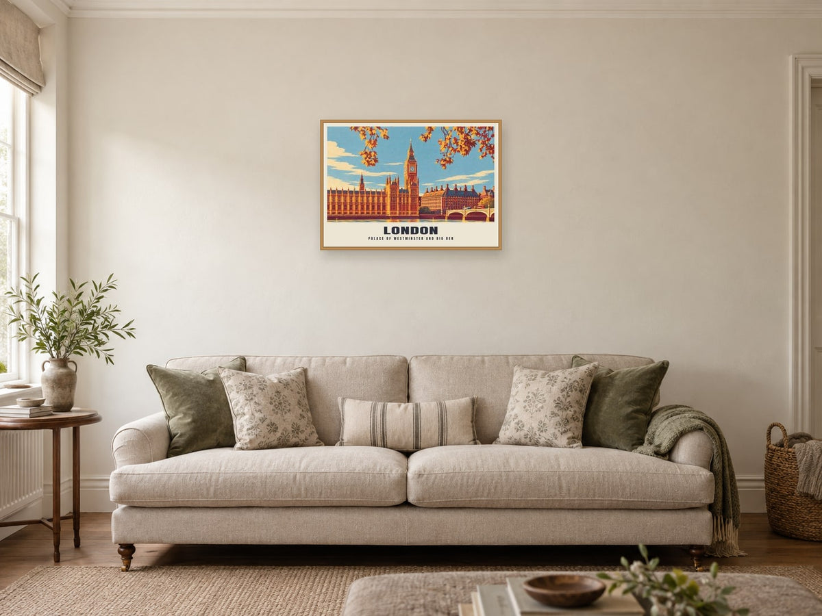 Palace of Westminster and Big Ben, London Retro Railway Poster at A2, in a natural wood frame, in a sitting room