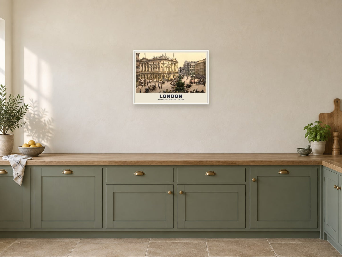 Piccadilly Circus, London Poster at A2, in a white frame, in a kitchen
